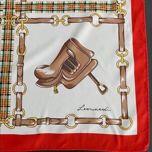Leonardi Red Border Equestrian Print Silk Scarf